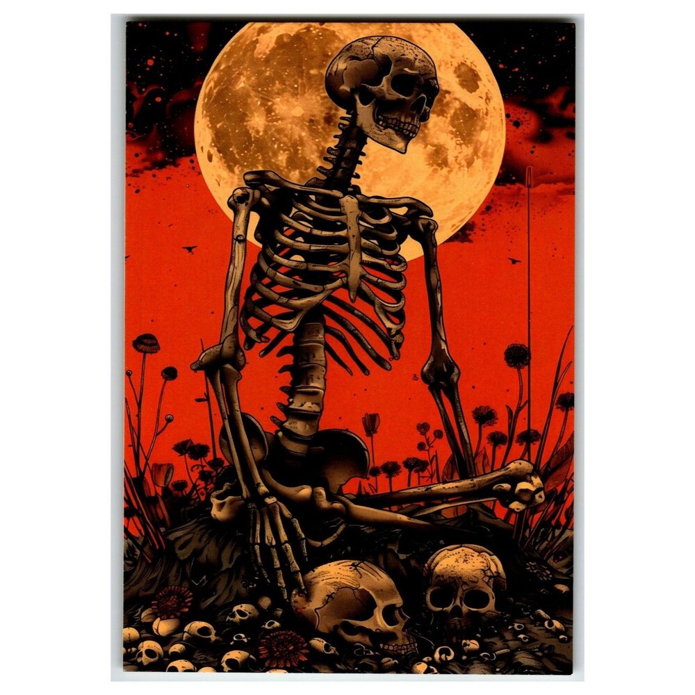 Macabre Skeleton Full Moon Art Postcard Gothic Dark Illustration Skulls